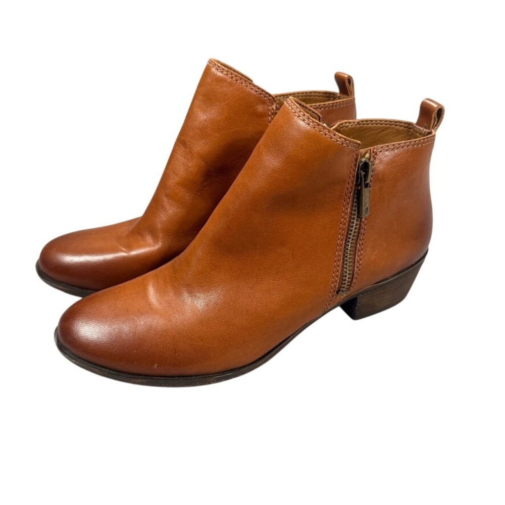 Lucky Brand Basel Ankle Bootie 8M Womens Cognac Brown Leather Side Zip